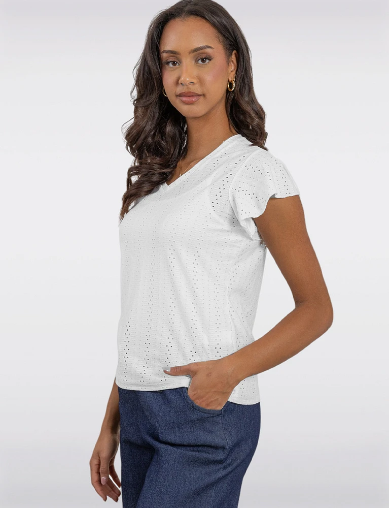 Solid Vegan Eyelet Embroidered Top with Delicate Flutter Sleeves by Point Zero