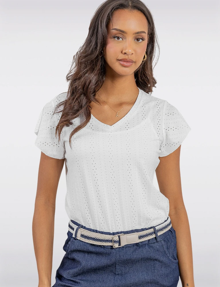 Solid Vegan Eyelet Embroidered Top with Delicate Flutter Sleeves by Point Zero