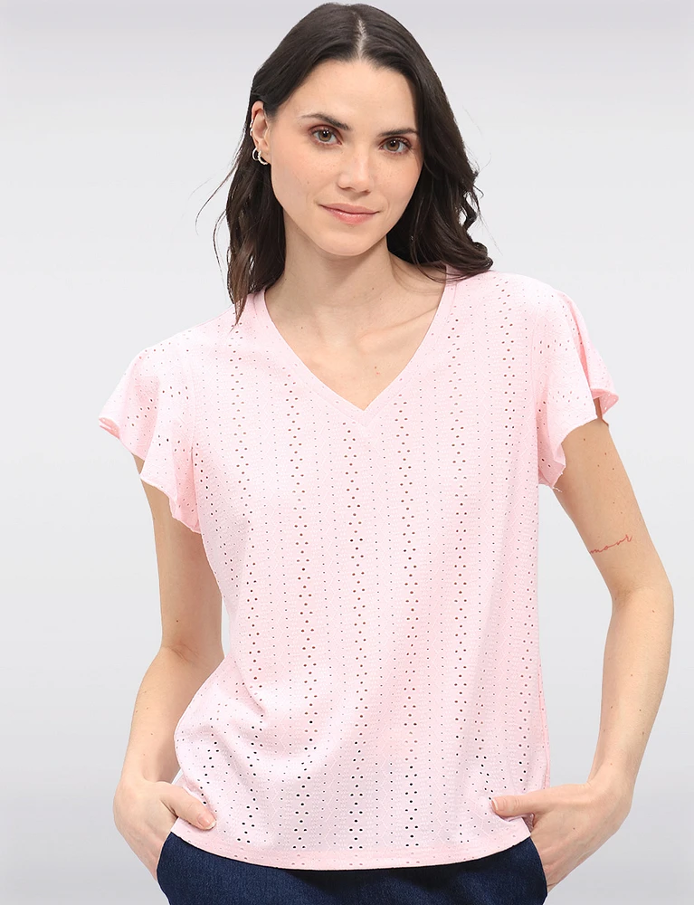 Solid Vegan Eyelet Embroidered Top with Delicate Flutter Sleeves by Point Zero