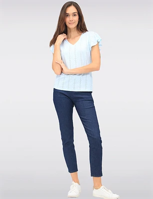 Solid Vegan Eyelet Embroidered Top with Delicate Flutter Sleeves by Point Zero