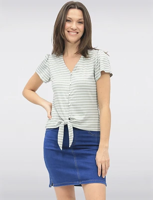Vegan Striped Tie-Front V-Neck Top with Decorative Button Detail by Point Zero