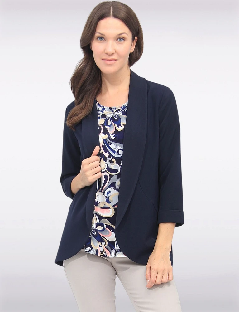 Sleek Stretchy Rounded Hem Blazer With 3/4 Sleeves and Rolled Cuff By Vamp