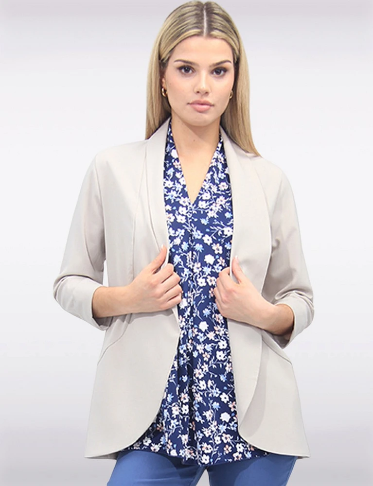 Sleek Stretchy Rounded Hem Blazer With 3/4 Sleeves and Rolled Cuff By Vamp