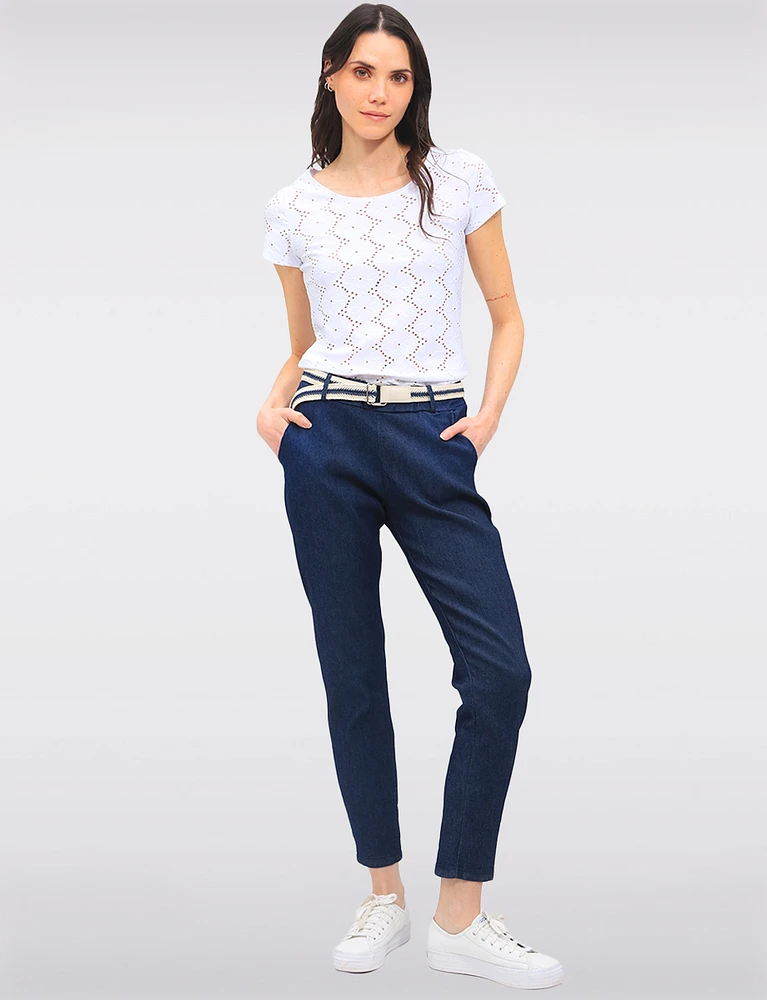 Stretch Rib-Knit Floral Embroidered Short Sleeves Eyelet Top by Vamp