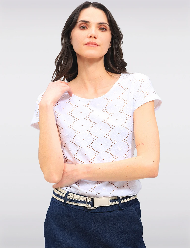Stretch Rib-Knit Floral Embroidered Short Sleeves Eyelet Top by Vamp