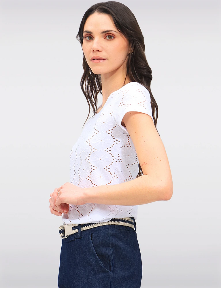 Stretch Rib-Knit Floral Embroidered Short Sleeves Eyelet Top by Vamp