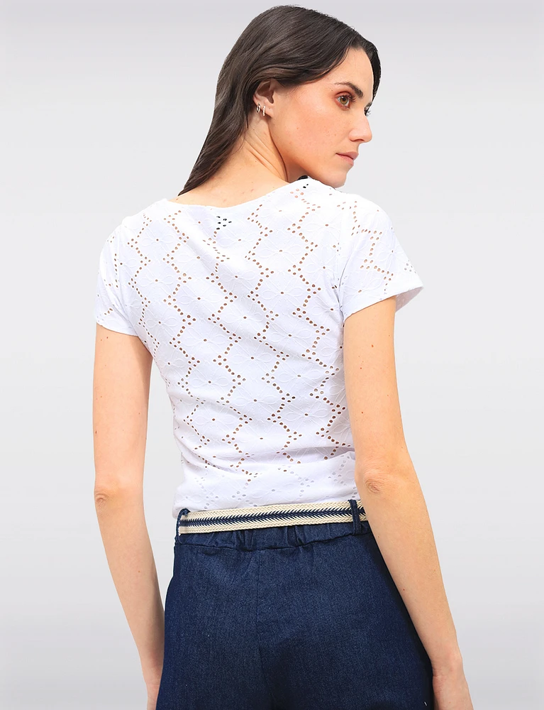 Stretch Rib-Knit Floral Embroidered Short Sleeves Eyelet Top by Vamp