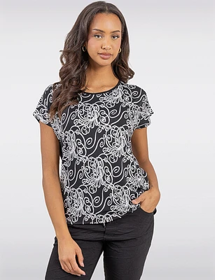 Chic Black & White Printed Cap Sleeve Top with Asymmetrical Hemline by Vamp