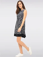 Sleeveless A-line Dress with Black & White Abstract Print Contrast Hem by Vamp