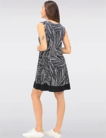 Sleeveless A-line Dress with Black & White Abstract Print Contrast Hem by Vamp