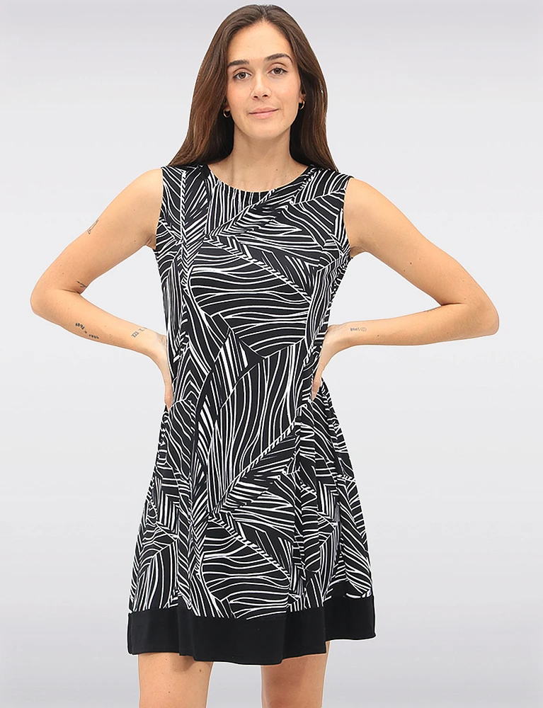 Sleeveless A-line Dress with Black & White Abstract Print Contrast Hem by Vamp