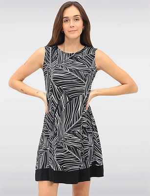Sleeveless A-line Dress with Black & White Abstract Print Contrast Hem by Vamp