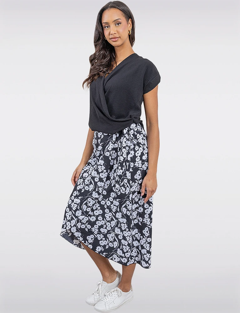 Chic Floral Black & White Faux Wrap Skirt with Side Tie by Vamp