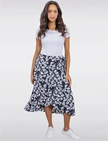 Chic Floral Black & White Faux Wrap Skirt with Side Tie by Vamp