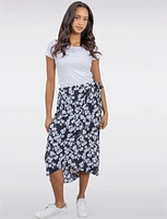 Chic Floral Black & White Faux Wrap Skirt with Side Tie by Vamp