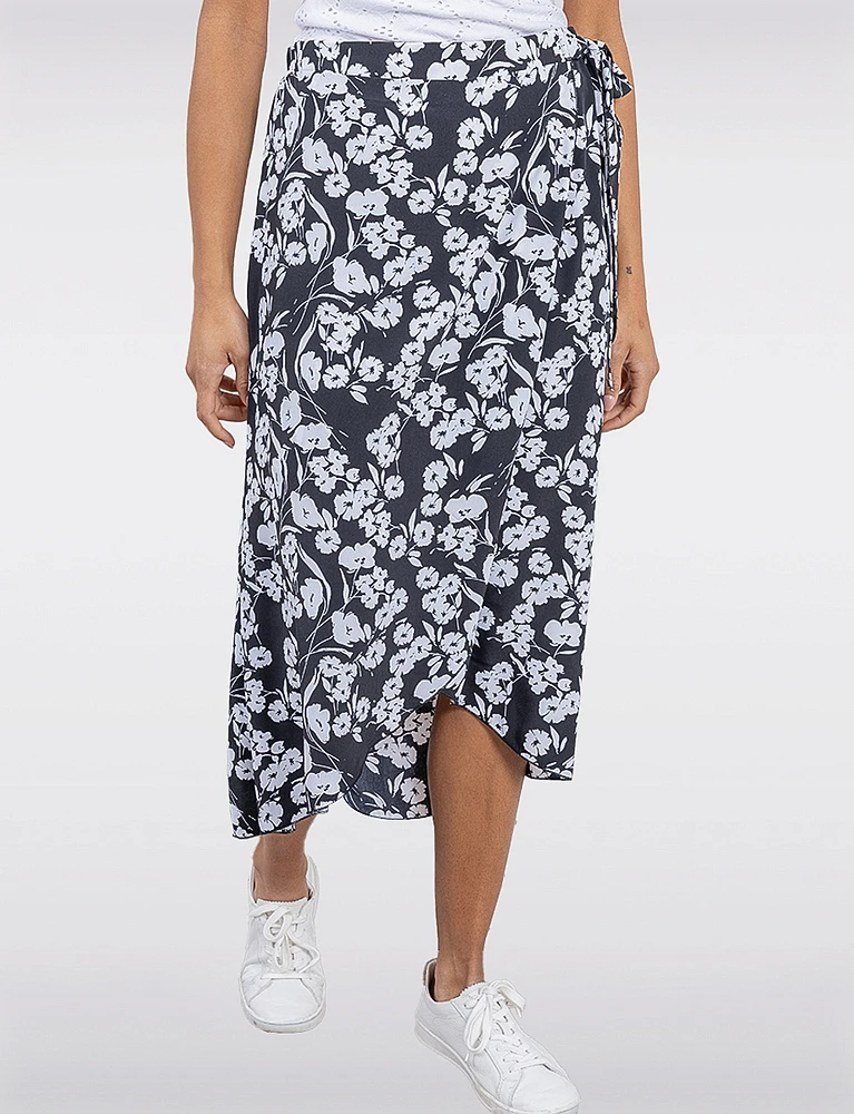 Chic Floral Black & White Faux Wrap Skirt with Side Tie by Vamp