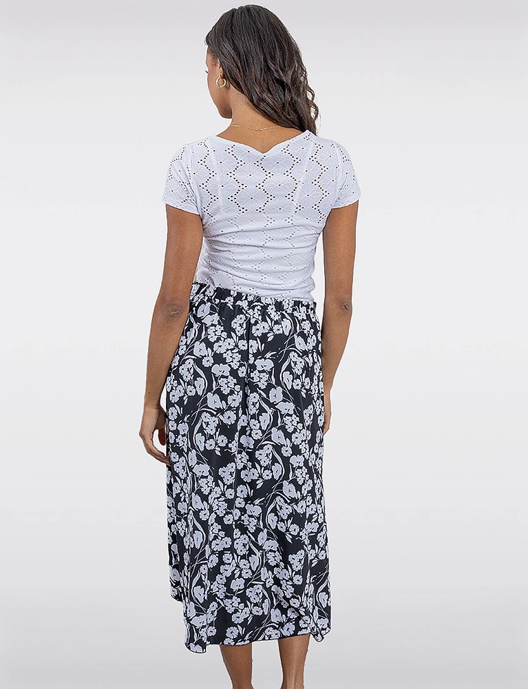 Chic Floral Black & White Faux Wrap Skirt with Side Tie by Vamp