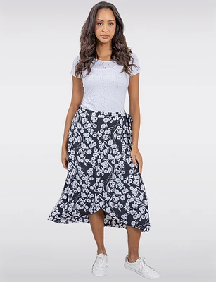 Chic Floral Black & White Faux Wrap Skirt with Side Tie by Vamp