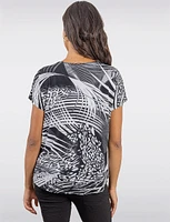 Chic Short Sleeve Black & White Abstract Tunic with Curved Hem by Vamp