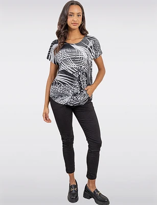 Chic Short Sleeve Black & White Abstract Tunic with Curved Hem by Vamp