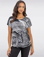 Chic Short Sleeve Black & White Abstract Tunic with Curved Hem by Vamp