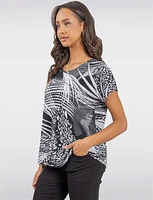 Chic Short Sleeve Black & White Abstract Tunic with Curved Hem by Vamp