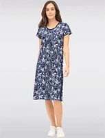 Navy Floral Printed A-Line Dress with Short Sleeves & Round Neck by Vamp