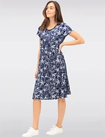 Navy Floral Printed A-Line Dress with Short Sleeves & Round Neck by Vamp