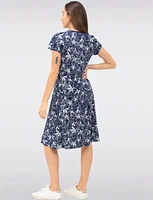 Navy Floral Printed A-Line Dress with Short Sleeves & Round Neck by Vamp