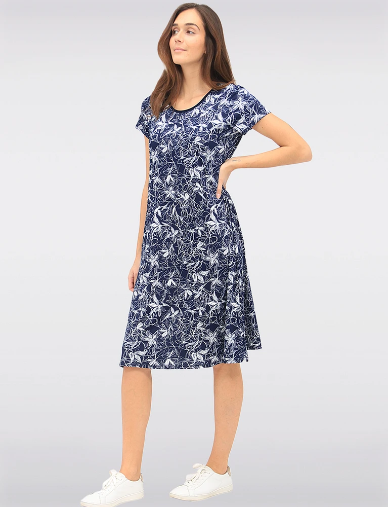 Navy Floral Printed A-Line Dress with Short Sleeves & Round Neck by Vamp