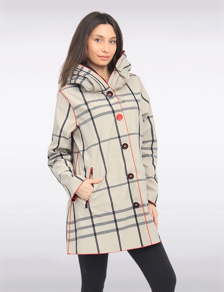Reversible Classic Red & Black Plaid Print Pleated Hood Raincoat by UBU