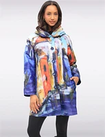 Reversible Abstract & Venice Print Button Front Pleated Hood Raincoat by UBU