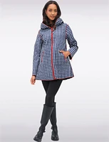 Loose Fit Reversible Gingham & Navy Pleated Hood Zip Front Raincoat by UBU