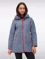 Loose Fit Reversible Gingham & Navy Pleated Hood Zip Front Raincoat by UBU
