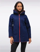 Loose Fit Reversible Gingham & Navy Pleated Hood Zip Front Raincoat by UBU