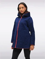Loose Fit Reversible Gingham & Navy Pleated Hood Zip Front Raincoat by UBU