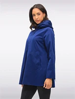 Loose Fit Reversible Polka Dot & Navy Pleated Hood Zip Front Raincoat by UBU
