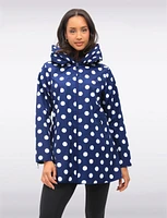 Loose Fit Reversible Polka Dot & Navy Pleated Hood Zip Front Raincoat by UBU