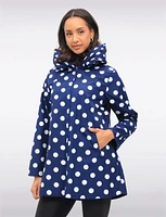 Loose Fit Reversible Polka Dot & Navy Pleated Hood Zip Front Raincoat by UBU