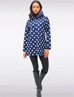 Loose Fit Reversible Polka Dot & Navy Pleated Hood Zip Front Raincoat by UBU