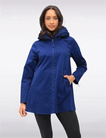 Loose Fit Reversible Polka Dot & Navy Pleated Hood Zip Front Raincoat by UBU