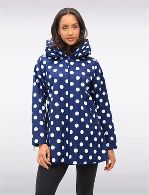 Loose Fit Reversible Polka Dot & Navy Pleated Hood Zip Front Raincoat by UBU