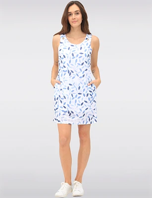 Sleeveless Blue Leaves Print Dress with Button Accents & Pockets by Tango Mango