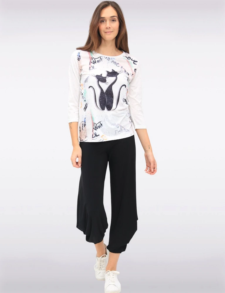 Captivating 3/4 Sleeve Abstract Cat Print Silver Detail Slim Fit Top by Ness