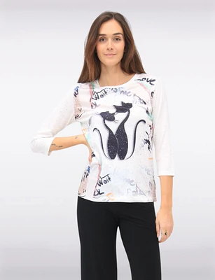 Captivating 3/4 Sleeve Abstract Cat Print Silver Detail Slim Fit Top by Ness