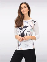 Captivating 3/4 Sleeve Abstract Cat Print Silver Detail Slim Fit Top by Ness