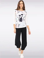 Captivating 3/4 Sleeve Abstract Cat Print Silver Detail Slim Fit Top by Ness