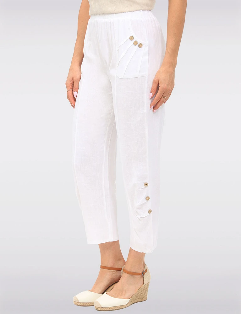 Flowy Pull-On Pants with Elastic Waistband & Decorative Button Accents by Goa