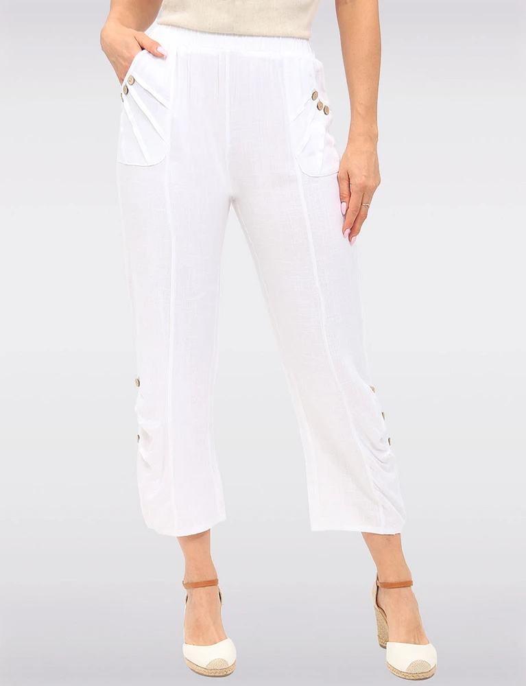 Flowy Pull-On Pants with Elastic Waistband & Decorative Button Accents by Goa