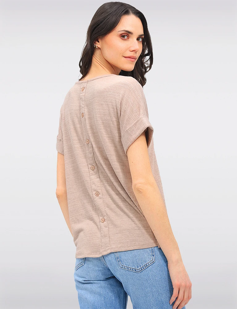 Textured Cuffed Short Sleeve Round Neck Top with Back Button Detail by Ninety